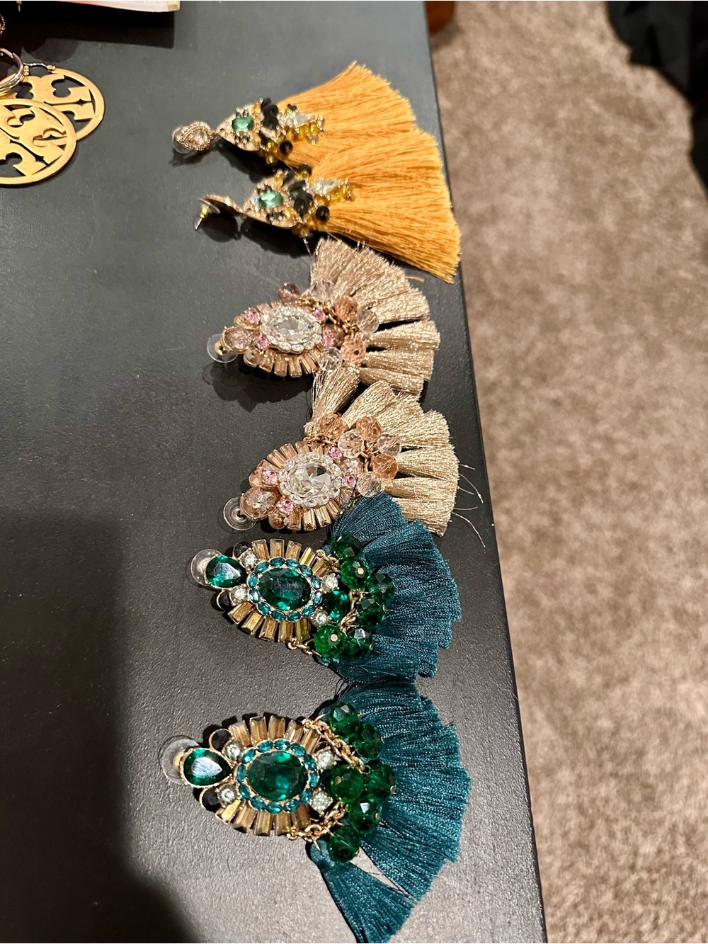 Statement Tassel Drop Earrings in Mustard, Champagne& Teal - Fashion Jewelry